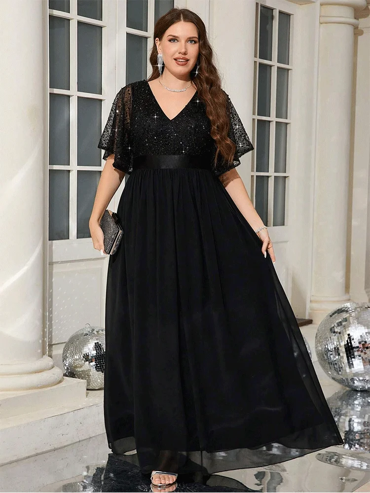 Plus Size V-Neck Black Chiffon Short Sleeve Kind Loose Evening Dress 4xl 5xl Big size Floor Standing Prom Gown