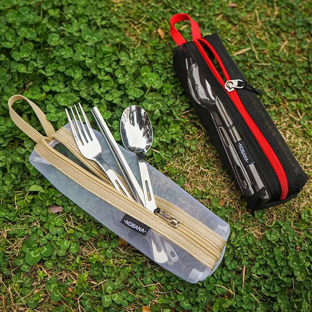 Portable Cutlery Storage Bag Outdoor Camping Picnic Travel Tableware Organizer Mesh Zipper Pouch Spoon Fork Utensil Case