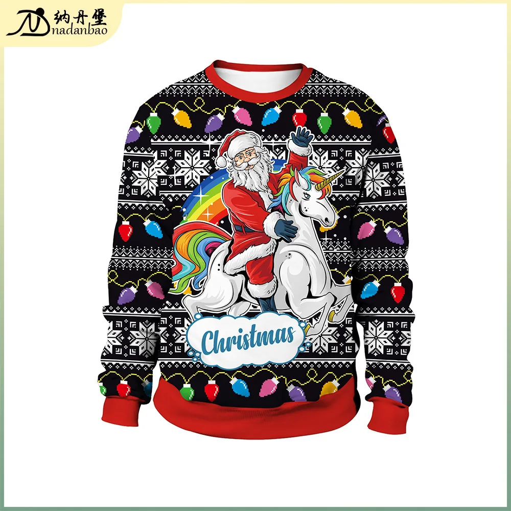 

2024 Spring Women's Santa Claus Digital Print Round Neck Christmas Couple Hoodie