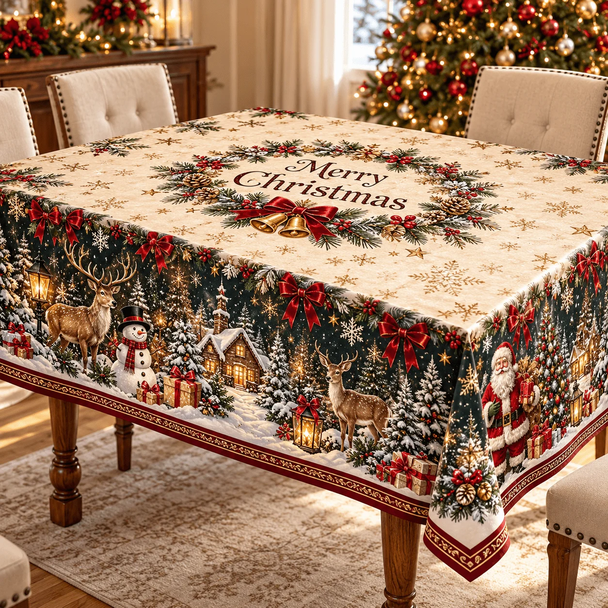 1 square tablecloth, champagne gold snowflake tabletop with Christmas blessing wreath, suitable for Christmas parties