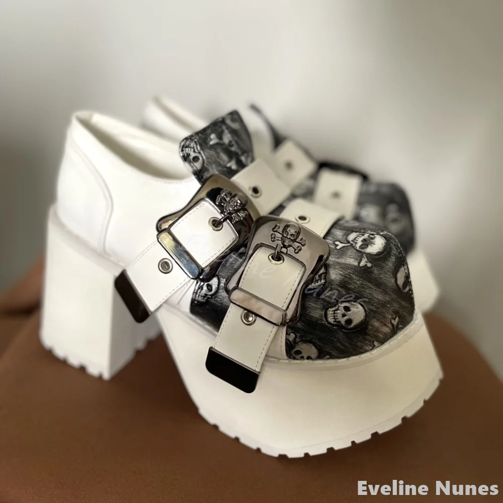 Metal Skull Belt Buckle Casual Shoes Women Round Toe Platform Chunky Heels Dress Party Customized Shoes 2024 White Big Toe Shoes