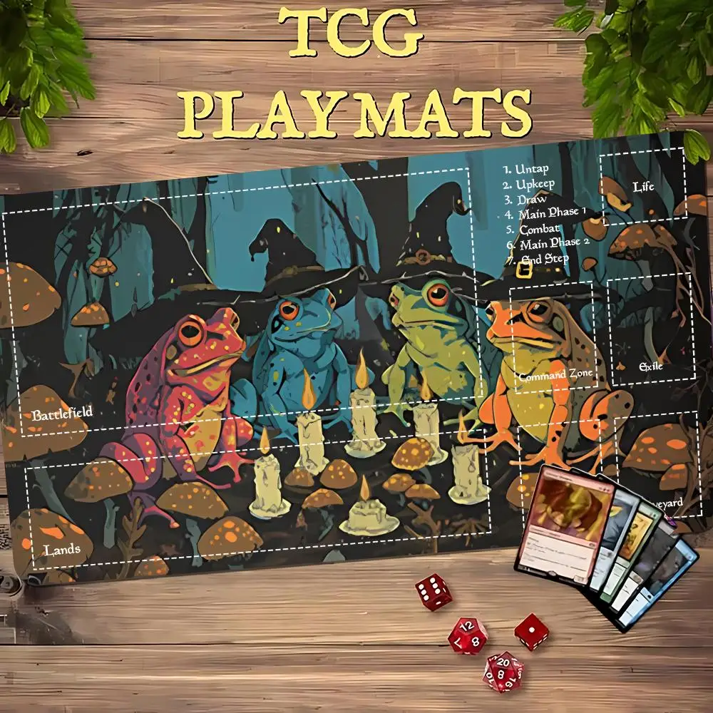 Magic Card Playmat TCG Playmat Frog Wizard Party Non-Slip Stitched Edge Tabletop Gaming Mats Tapete Magic Card Pad