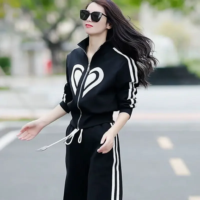 Women's Sports Suit 2025 Spring Summer New Casual Stand Collar Zippered Sweater Coat Tops Wide Leg Pants Two Piece Set For Women