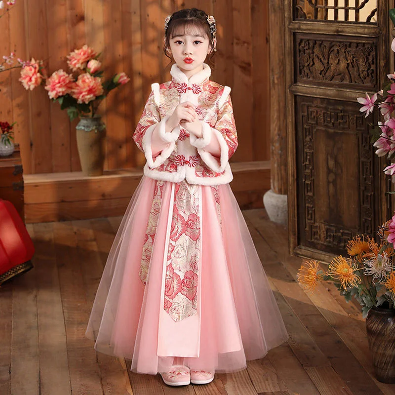 Dress Princess Girls New Hanfu Year'S Clothes 2023 Children'S Tang Suit Two Piece Festive Costume Turtleneck Warm Embroidery