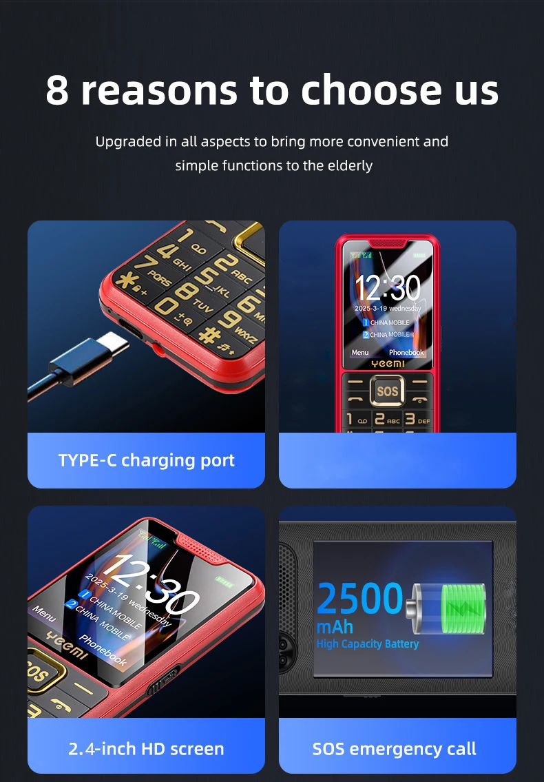 YEEMI K3 Super Thin Mobile Phone 2.4inch HD Screen GSM 2G Dual SIM Card Long Standby Flashlight Camera Type-C Button Phone