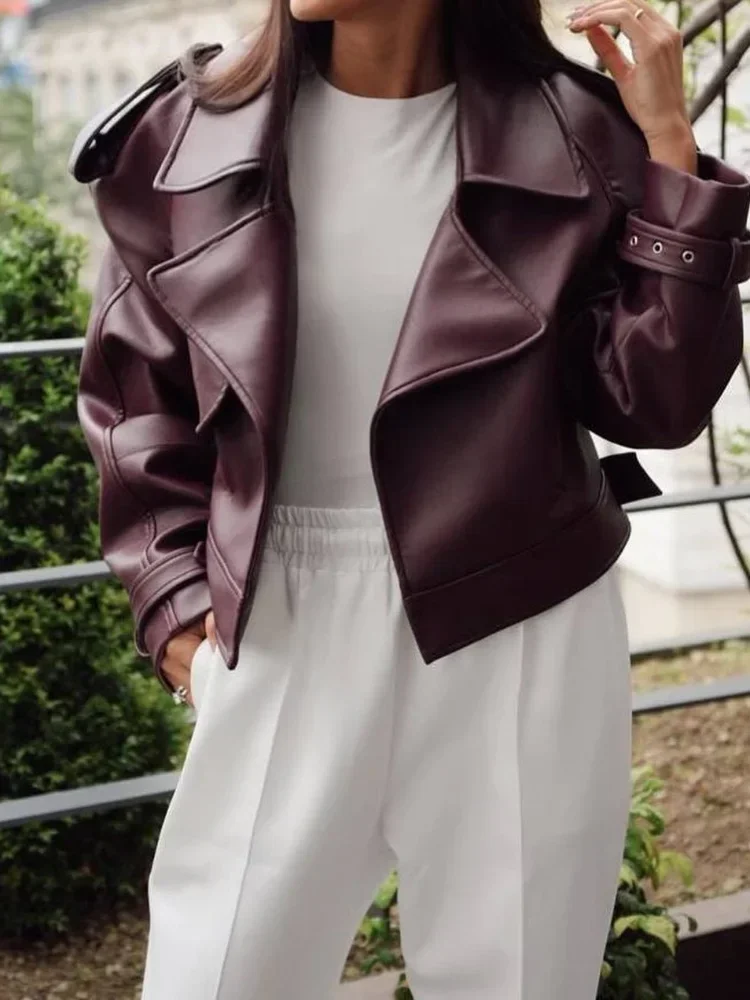 

Burgundy Lapel Collar Faux Leather Trendy Woman Blazer New Autumn Pocket Style Jacket New Daily Commute Comfortable Outerwear