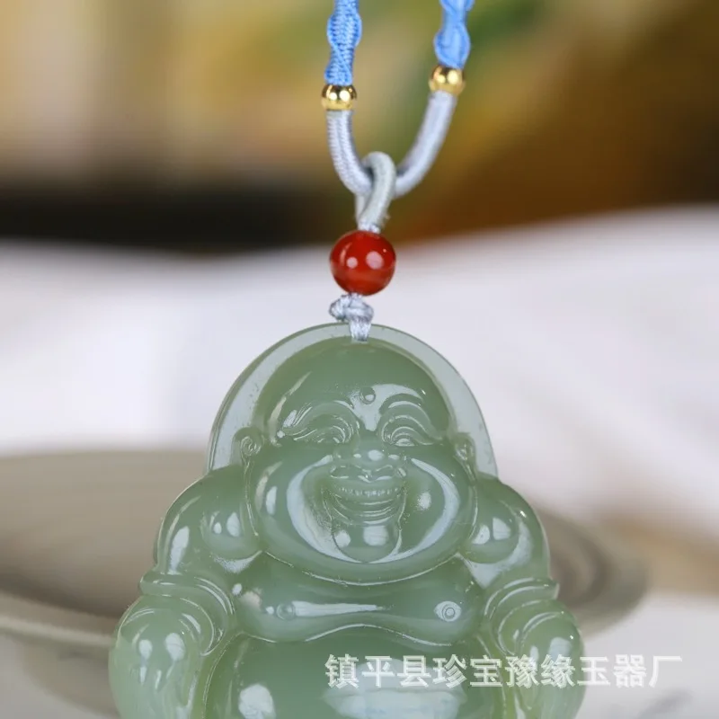 Natural Hetian Jade Pendant Large Formal Lake Green Big Belly Laughing Buddha Sweater Chain