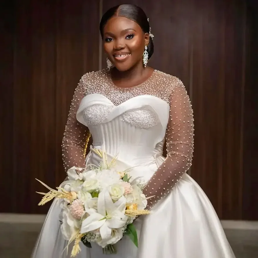 Customized Plus Size Mermaid Dress Bride Detachable Train Bridal Illusion Long Sleeves Pearls Satin Wedding Gowns For Africa