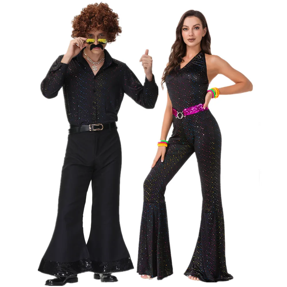 

Couple 60's 70's Hippie Costumes Halloween Role Play Flower Hippy Cosplay Women and Men Disco Costume for Purim Party