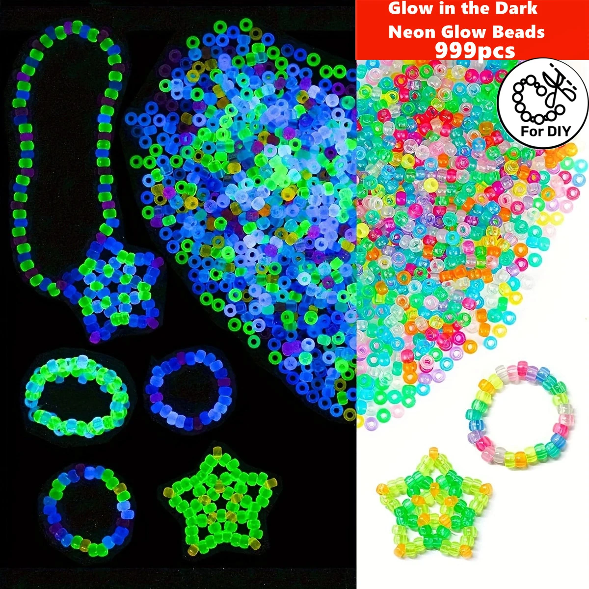 999pcs 6*9mm Glow in the Dark Neon Glow Beads Compatible for Bracelets, Hair Braids, Necklaces for DIY  Making