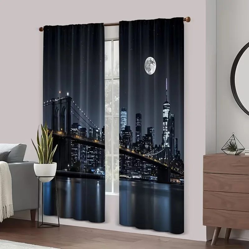 2Pcs Night view of London print curtains,suitable for bedroom,living room kitchen decoration,home decoration,window decoration
