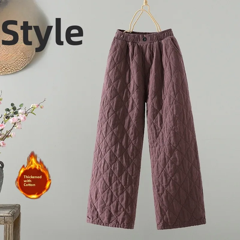 Warme Baumwoll-Leinen-Hose mit elastischem Bund, weites Bein, Rautenmuster, Winter, neue SLE-Hose in Übergröße für Damen mit lockerer Passform