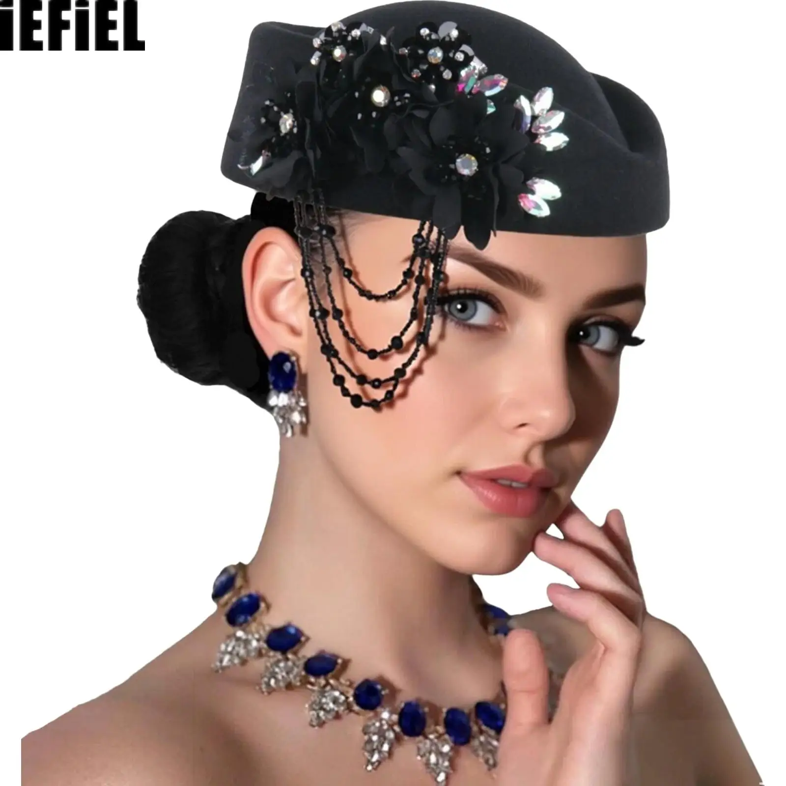 

Women Felt Church Derby Headdress Retro Beret Hats Women Rhinestone Floral Hat Suitable for Wedding Parties Events