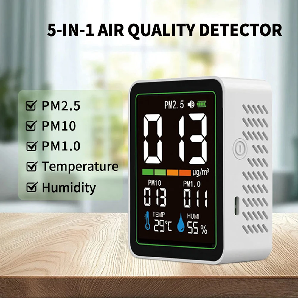 5 In 1 PM1.0 PM2.5 PM10 Air Quality Detector Laser Dust Gas Analyzer Temperature Humidity Monitor Home Office Air Quality Tester