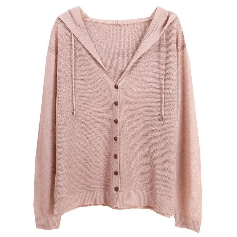 

Ice silk knitted cardigan women's jacket hooded lace-up sunscreen shawl spring and summer thin solid color loose
