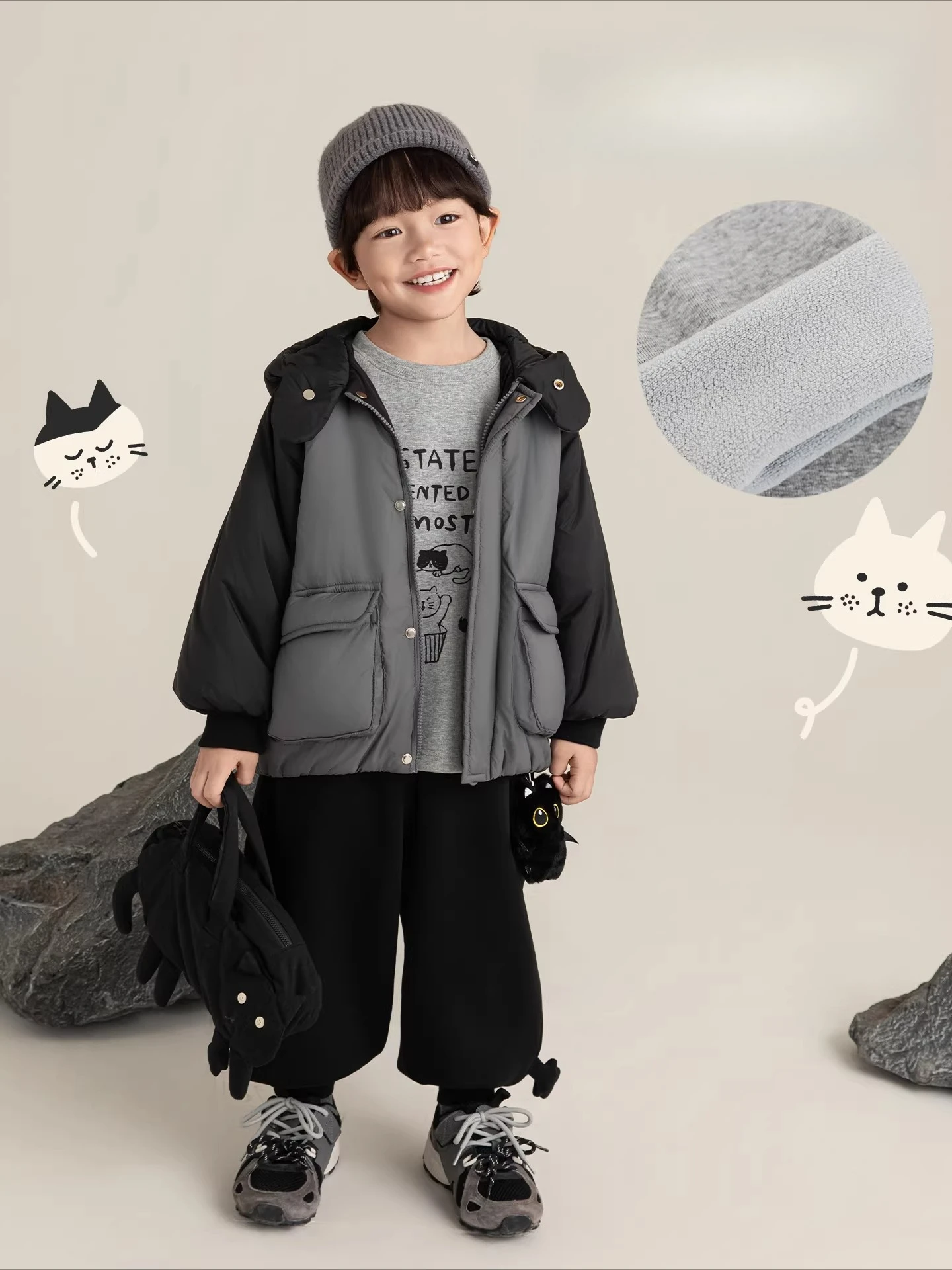 Boys Winter T Shirt 2025 Fleece Lined Cat Print Thermal Cute Skin Friendly Versatile Festive Gift Top 1-7 Years
