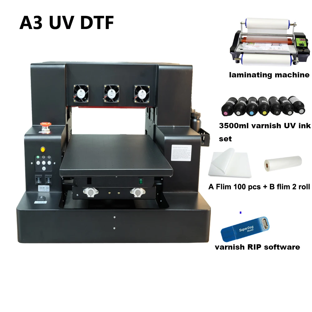 Automatic UV DTF Printer A3 3050 VarnishWith 3500ml Ink With Laminator Machine  AB Film For Phone Case Bottle Glass Sticker