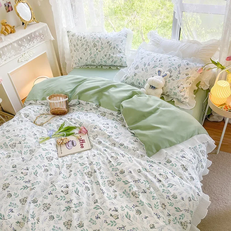 Spring Print Lace Water Wash Polyester Bed Sheet Duvet Cover Pillowcase Four-piece Spring Summer Bedding Set Bed Shirt M075-1