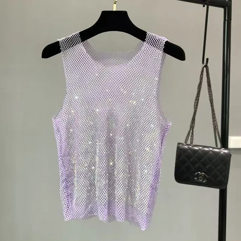 Herren Tanktop aus Netzstoff mit Strasssteinen, durchsichtiges Netzoberteil, glitzerndes Diamant-Design, sexy, figurbetont, ideal für Bodybuilding, Festival, Rave, Y2K-Outfit. – Detail 8