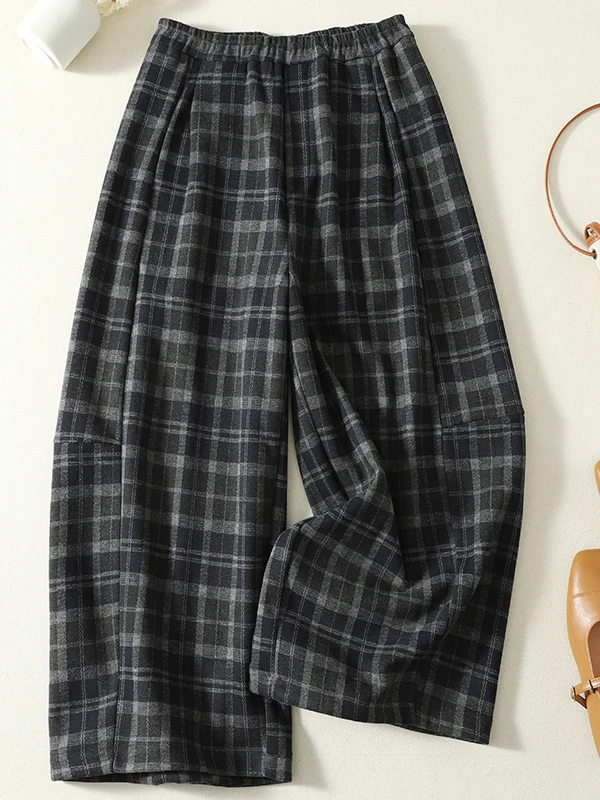 Authentic Korean Plaid Loose Wide Leg Pants Casual Comfortable Autumn Winter Loose Feel Natural Waist Cotton Blend Ladies Tro...