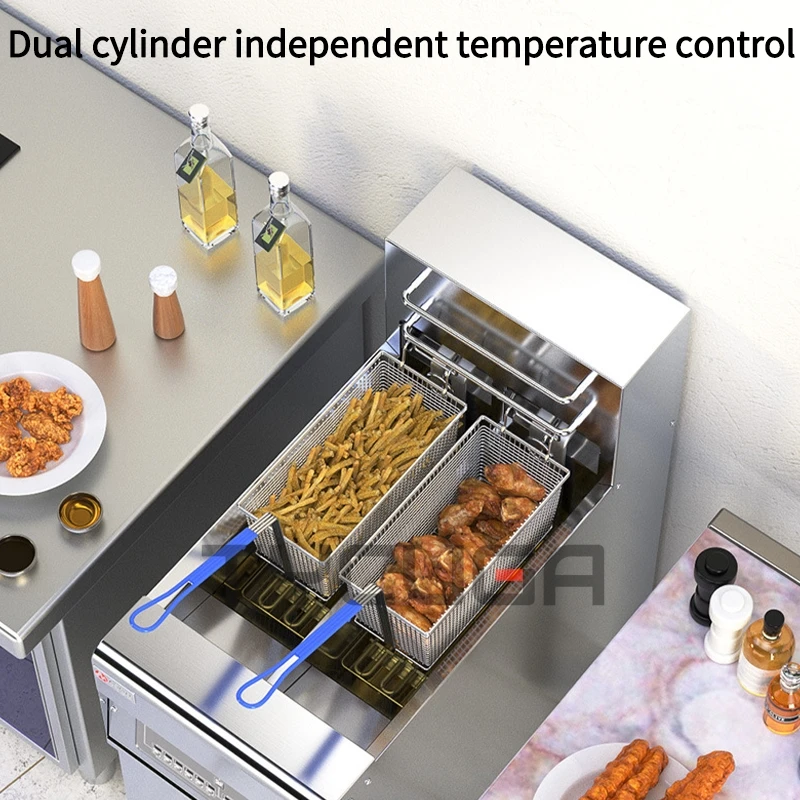 Fritadeira a gás comercial 14l * 2, máquina profunda de aço inoxidável, dois tanques, peneira dupla, frango/cozinha francesa, restaurante, comida