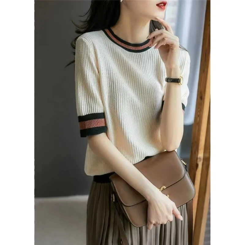 

fragrant Small wind ice silk knit short women's new hollow half sleeve thin T-shirt versatile bottom cotton thread top