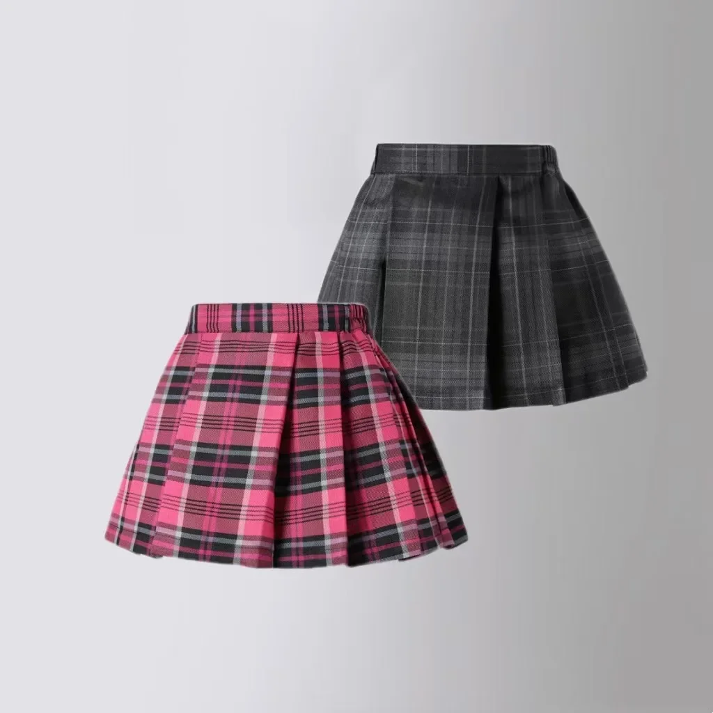 

Summer Pink Plaid Pleated Skirt for Girls High Waist Kids Mini Skirt Dopamine Sweet Fashion Casual Outfit with Shorts 2-13 Years