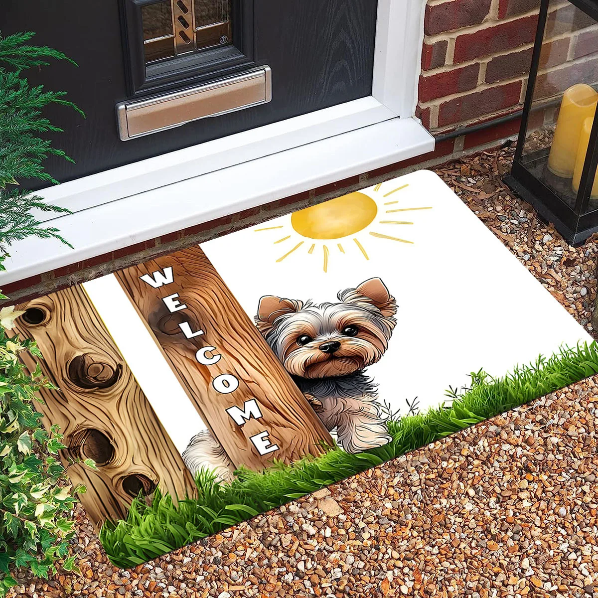 Cute Yorkshire Terrier Doormat Welcome Wood Fence Design Non Slip Indoor Outdoor Floor Mat for Front Door Entryway Home Decor
