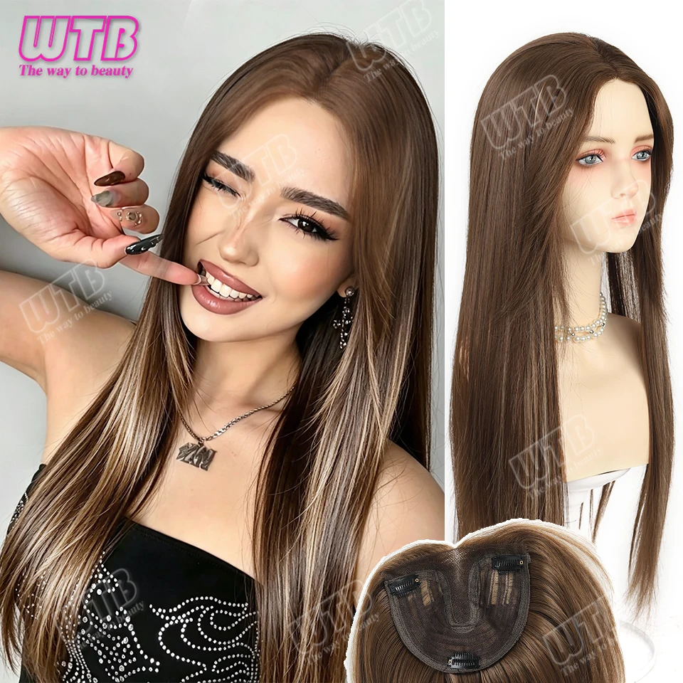 Synthetic Topper Clip In Hair Middle Part Black With Blonde Highlights Hairpiece For Women Add Hair Volume & Cover White Hair