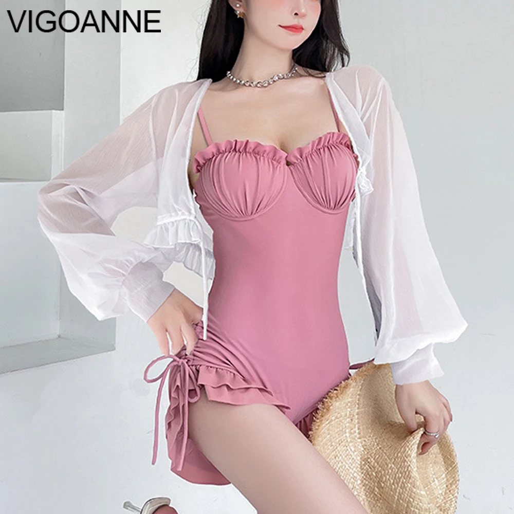 

VigoAnne Solid Long Sleeve 2 PCS Swimwear Women 2024 Strapped Push UP One Piece Swimsuit Korean Monokini Beach Bathing Suit