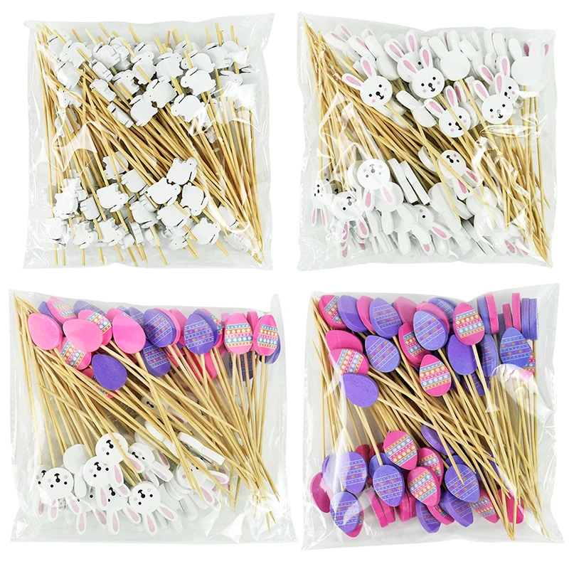 100pcs Easter Bunny Fruit Sticks Cute Rabbit Egg Food Picks Fruit Fork Sandwich Buffet Stick Happy Easter Party Decor Supplies