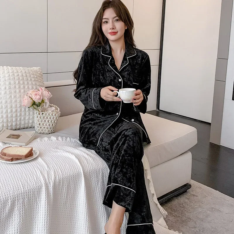 

Golden Velvet Pajamas for Women Spring and Autumn Women's Luxury Thin Velvet Simple Home Clothes 2024 New