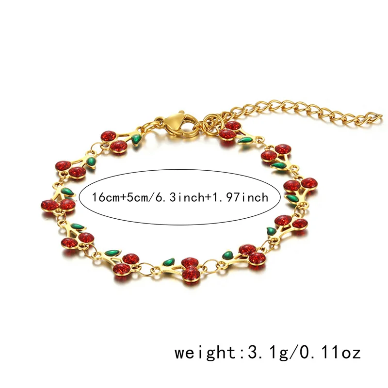 Süßes, niedliches Kirsch-Armband für Damen, Edelstahl-Kettenglied, goldfarben, modisch, bunt, Früchte, Schmuck, Accessoires, Geschenk – Detail 6