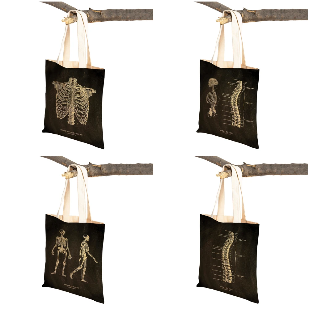 Vintage Anatomical Skeleton Chalkboard Skull Shopper Bag Tote Lady Handbag Casual Canvas Heart Double Print Women Shopping Bags