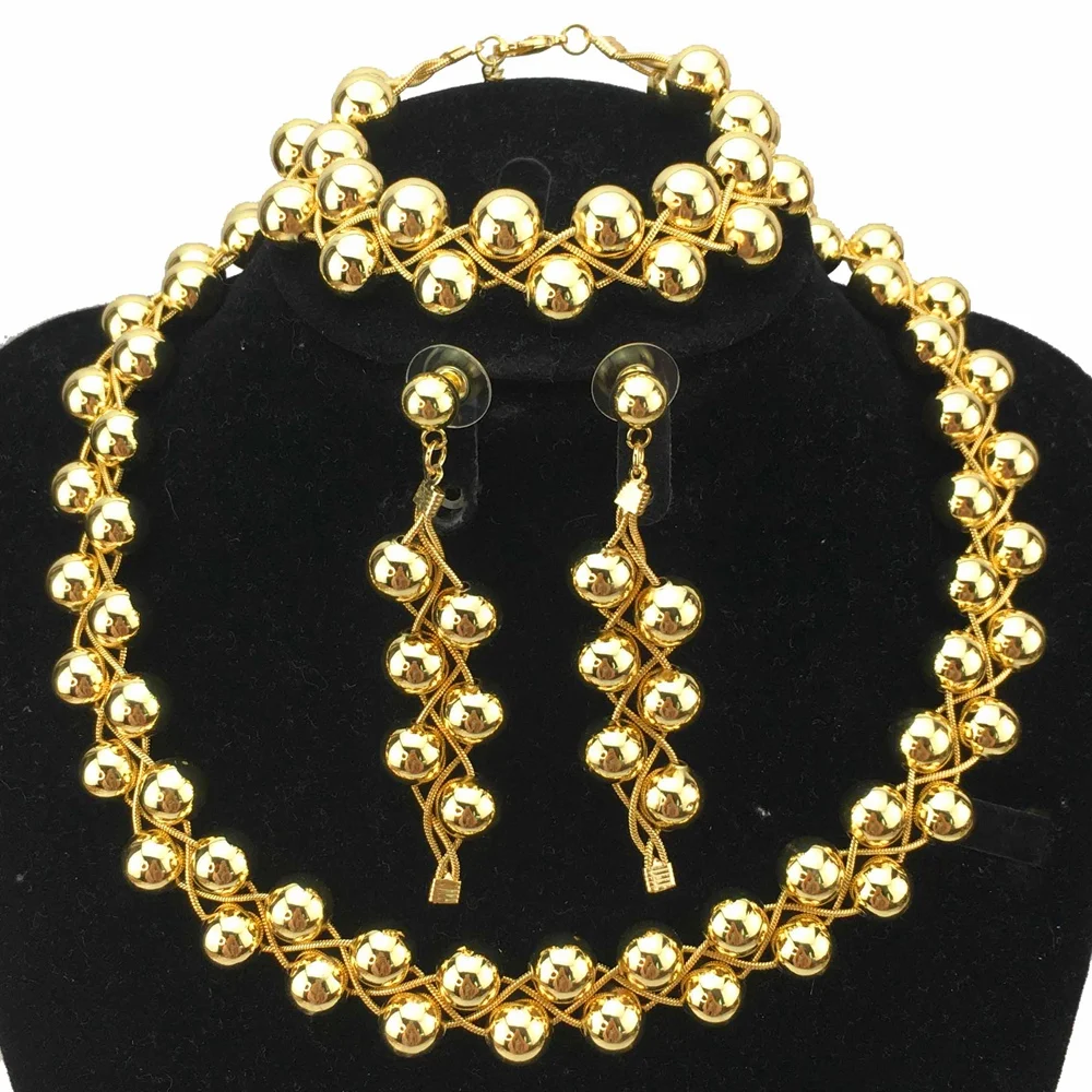 

Luxury Dubai Gold Plated Fine Jewelry Set New Fashion Bead Necklace Earrings Bracelet Women Birthday Gift FHK18037