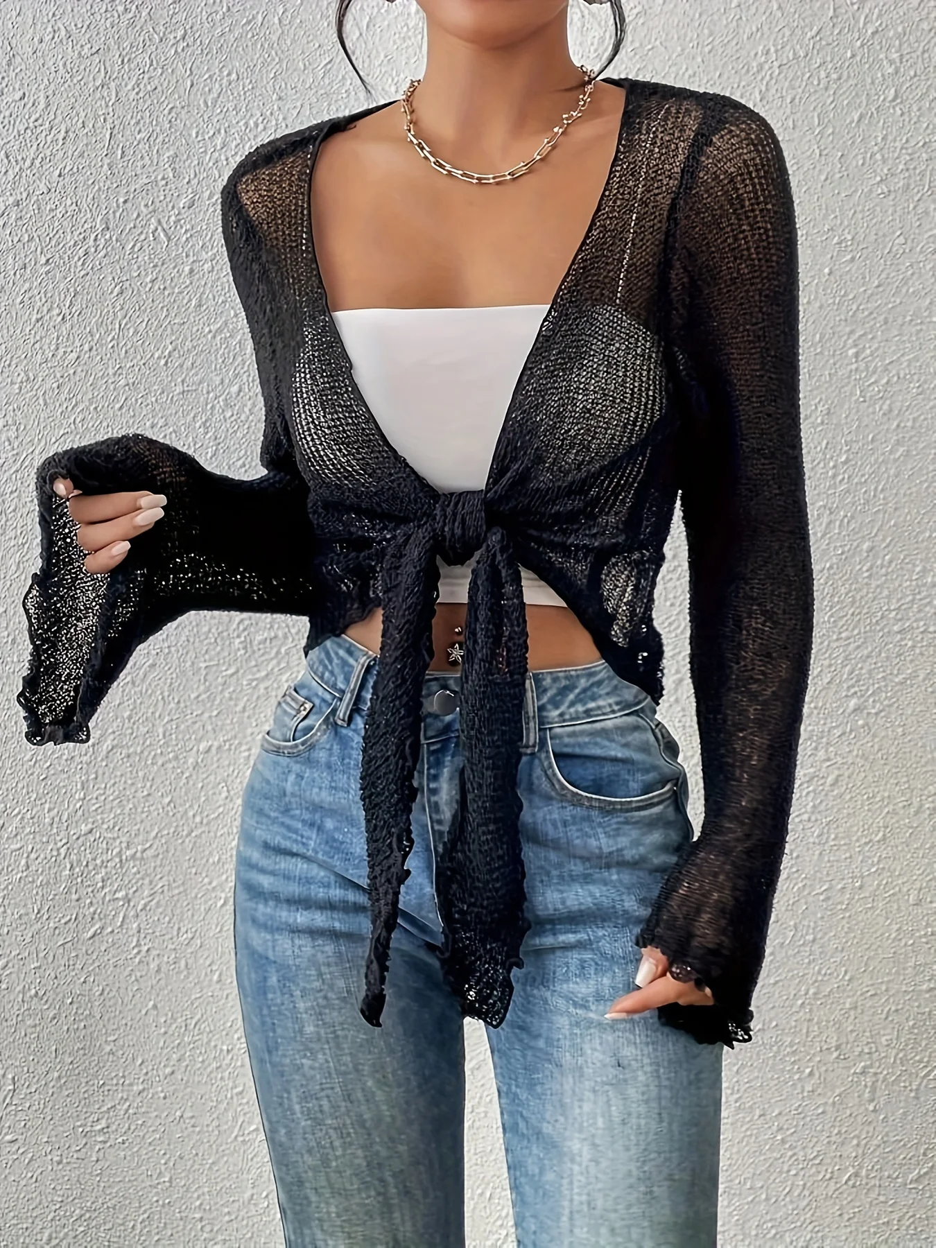 2024 fashion new sexy cut-out design lace-up knitted cardigan sweater