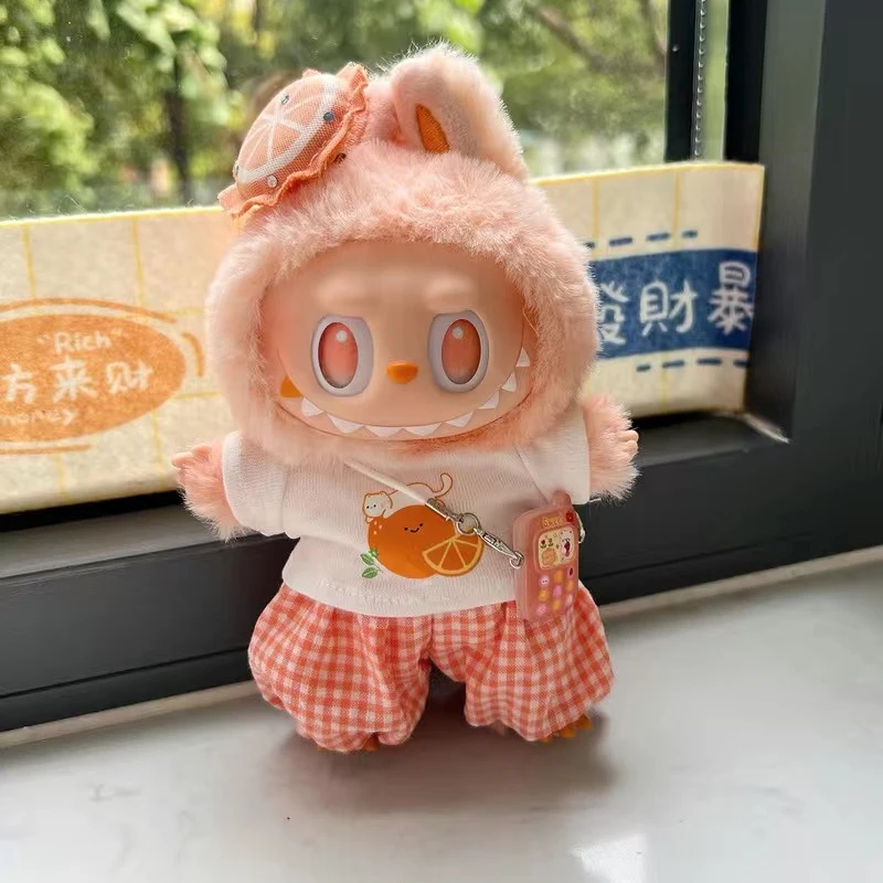 

For 15/17cm Labubu Doll Clothes Colored Lemon hair clip Checkered Pants Set Labubu Dolls V1 V2 V3 Clothing Diy Toys Accessories