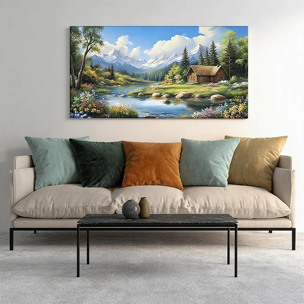 

1pcwooden frame canvas decorative painting Scenic cabin, river, mountains, flowers.Corridor, Living Room Decoration