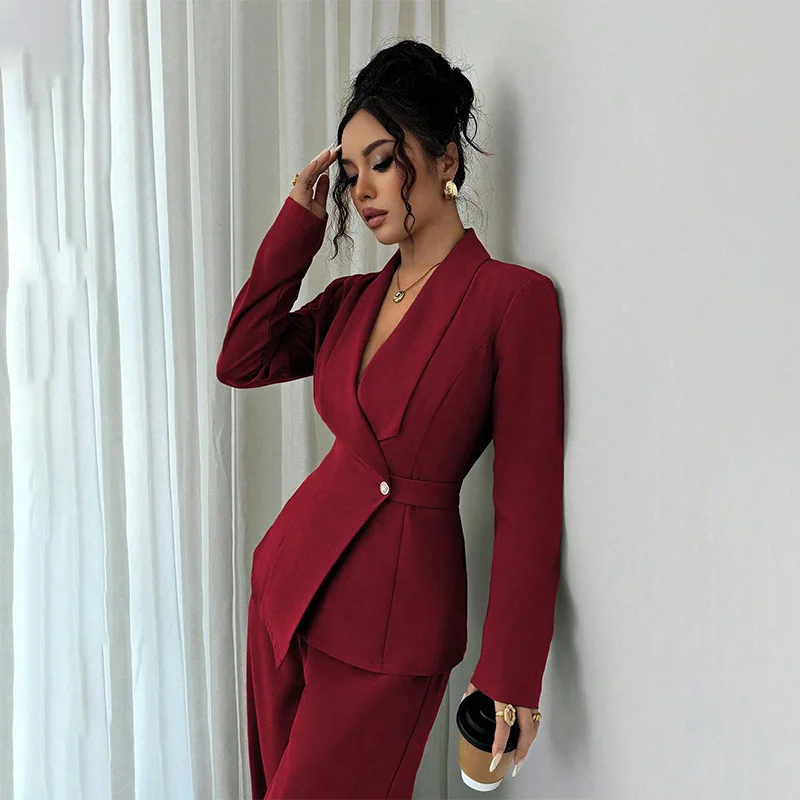 Damen-Wickelblazer-Anzug, zweiteiliges Set, mit Gürtel, V-Ausschnitt, langärmelige Jacke, Hose mit weitem Bein, schmal geschnitten, elegant, formell, für Büro und Partys. – Detail 4
