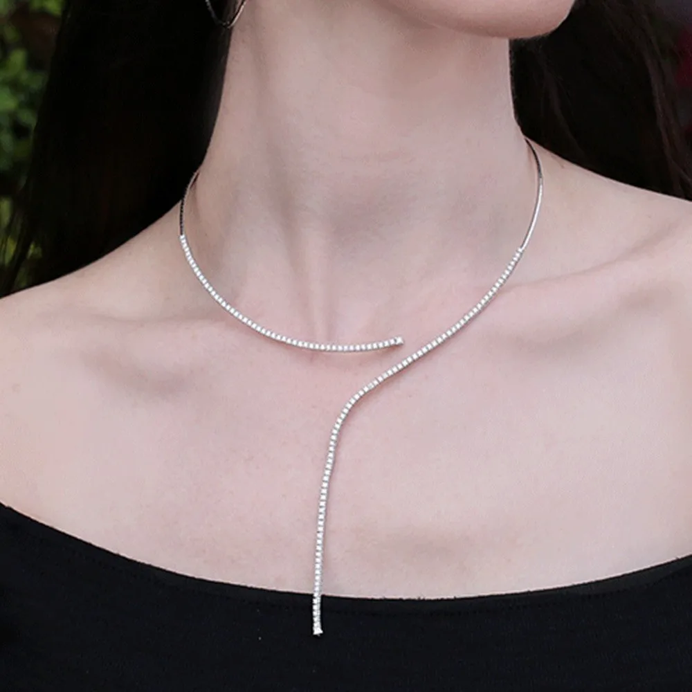 Dainty Rhinestone Tennis Choker Necklace for Women Open Collar Lariat Necklaces Adjustable Crystal Statement Jewelry for Wedding