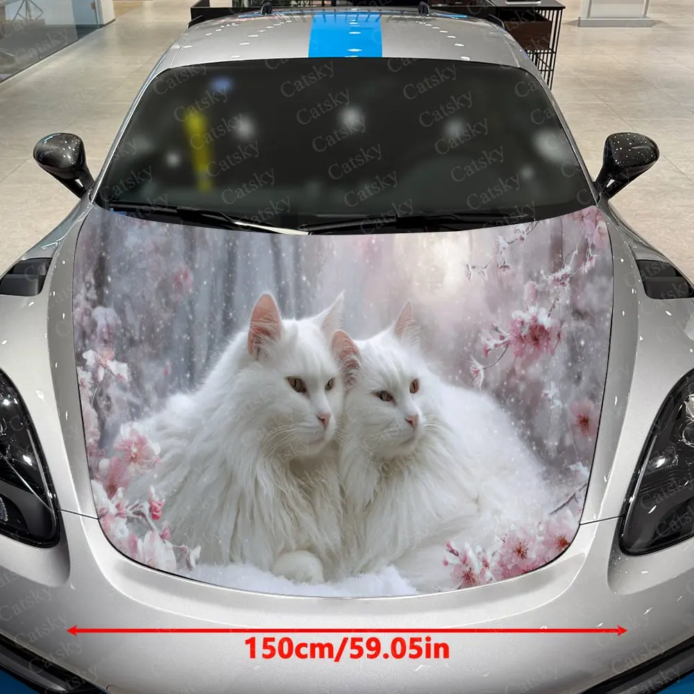 Eye-Catching Snow Cherry Moonlight White Cat Car Cover Sticker, Auto Hood Decal, Car Exterior Scratch Resistant Decal, Trendy Gi