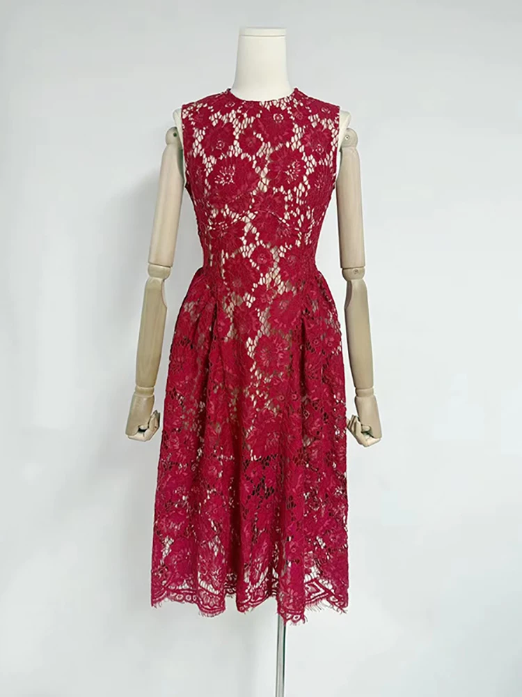 섹시한 오 넥 꽃 레이스 중공 미디 드레스 여성 레드 민소매 높은 허리 a 라인 드레스 우아한 저녁 파티 칵테일 가운