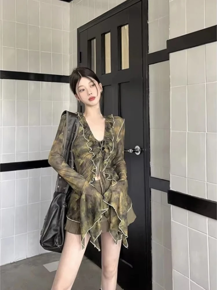 

Y2k рубашки с сетчатыми рукавами, женские винтажные рубашки с v-образным вырезом и принтом, сексуальные Blusas Mujer, новинка весны 2024, облегающие блузки на шнуровке