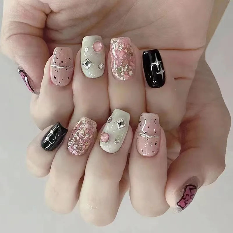 

24pcs Ins Style Press-On Nails White Base with Silver Stars Pink Glitter Rhinestone Letter Graffiti Medium Length Coffin Shape