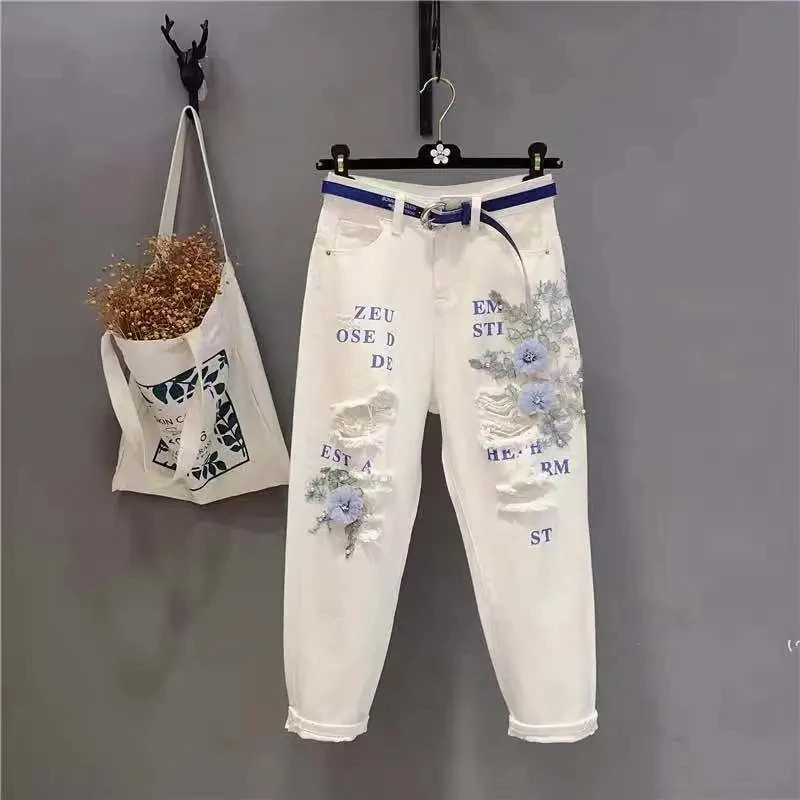 White Jeans New Autumn Women's Heavy Industry Lace Beggar Hole Denim Pants Embroidery Wild Ripped Jeans Ladies Loose Haren Pants