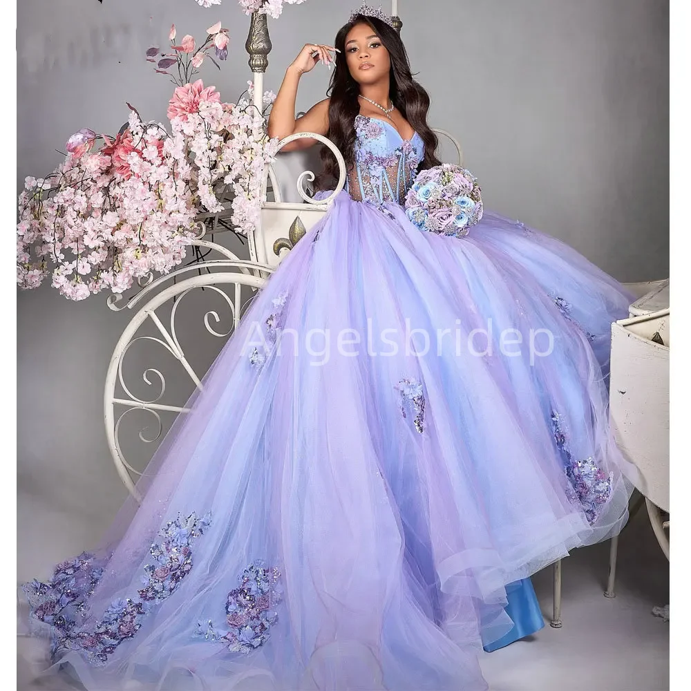 Angelsbridep ชุดชุดราตรีสวยงาม quinceanera ทำด้วยมือ3D ดอกไม้สีม่วงชุดเดรสปาร์ตี้ตอนเย็นผู้หญิง vestidos de Festa