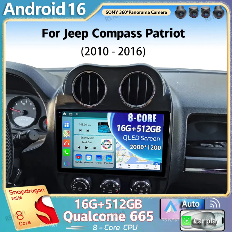 Radio Multimedia para Auto Android 16 para Jeep Compass Patriot 2010-2016, Reproductor de Video 2K QLED, GPS, Voz AI, CarPlay, 4G, Estéreo
