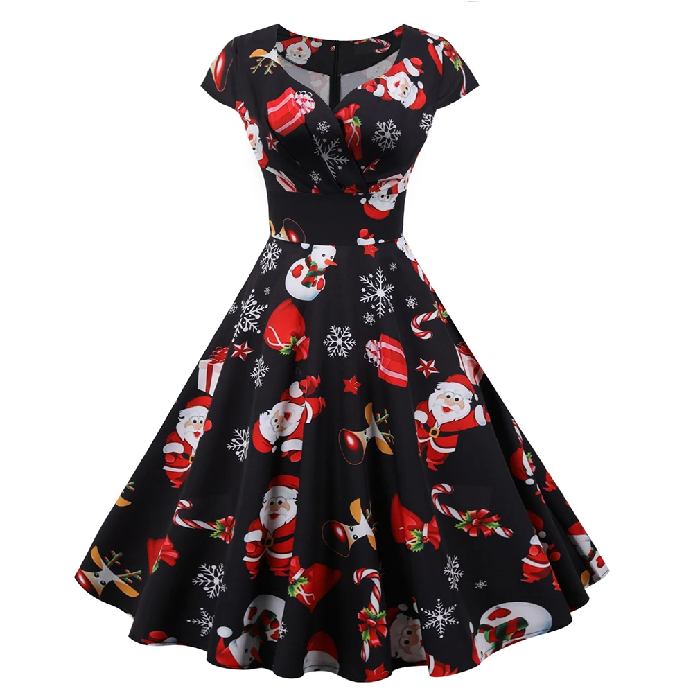 Women Christmas Party Prom Print Sundress Short Flying Sleeves V Neck Elegant A-Line Zipper Vintage Xmas New Year Dress 2XL Robe