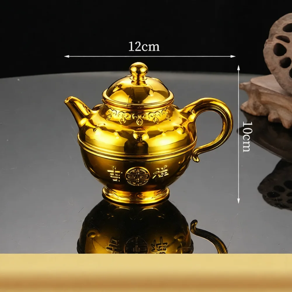 Ceramic Texture Gold Plastic Offering Set Religious Ritual Fruit Plate Bowl Wine Pot Tea Kettle Auspicious Chopsticks