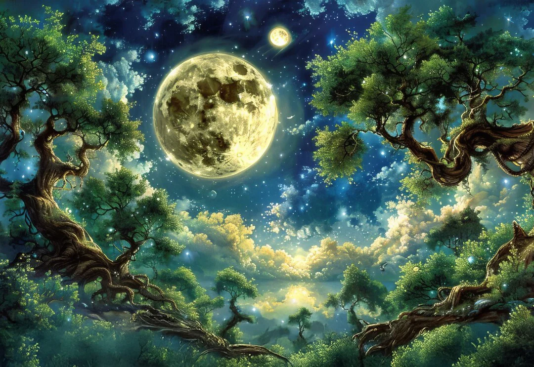 

Green Forest Full Moon Starry Night Sky Tree Cloud backdrops computer print scenic Photography Studio Backgrounds